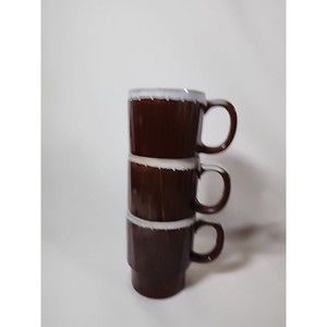 Vintage Set Of 3 Stackable Stacking Coffee Mug Cup Japan Brown Drip Glaze